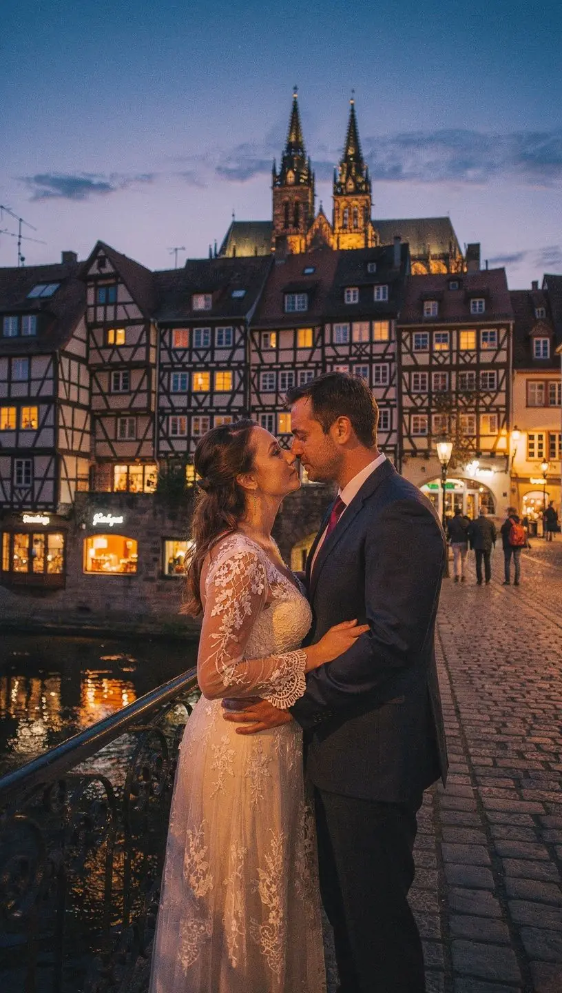 Die Krämerbrücke im Winter, umgeben von einer verschneiten Landschaft.